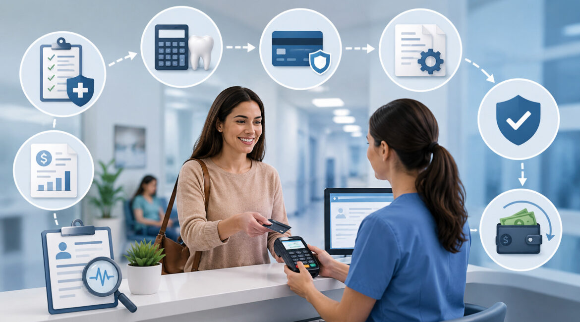 Patient paying estimated medical costs by card before insurance adjudication