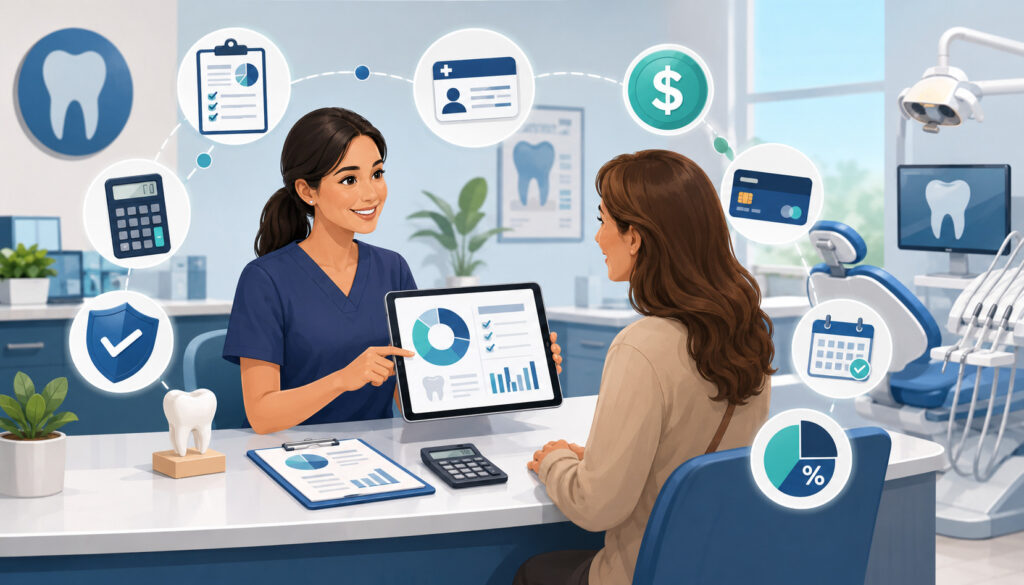 Dental staff explaining patient cost responsibility and insurance estimate in a modern dental office