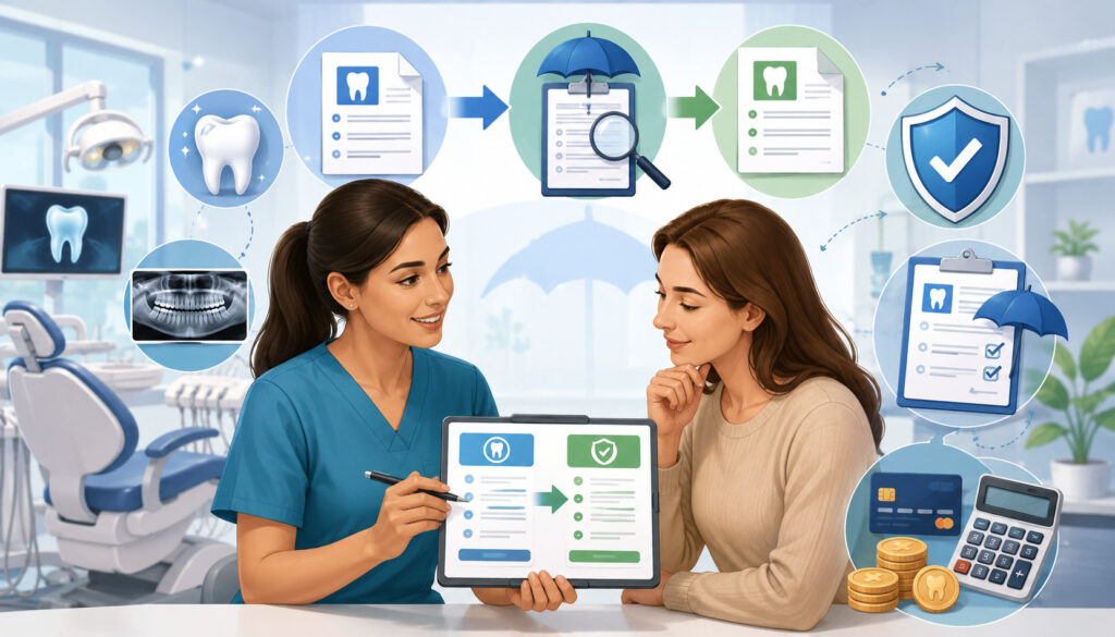 Dental staff explaining an adjusted treatment estimate after insurance review
