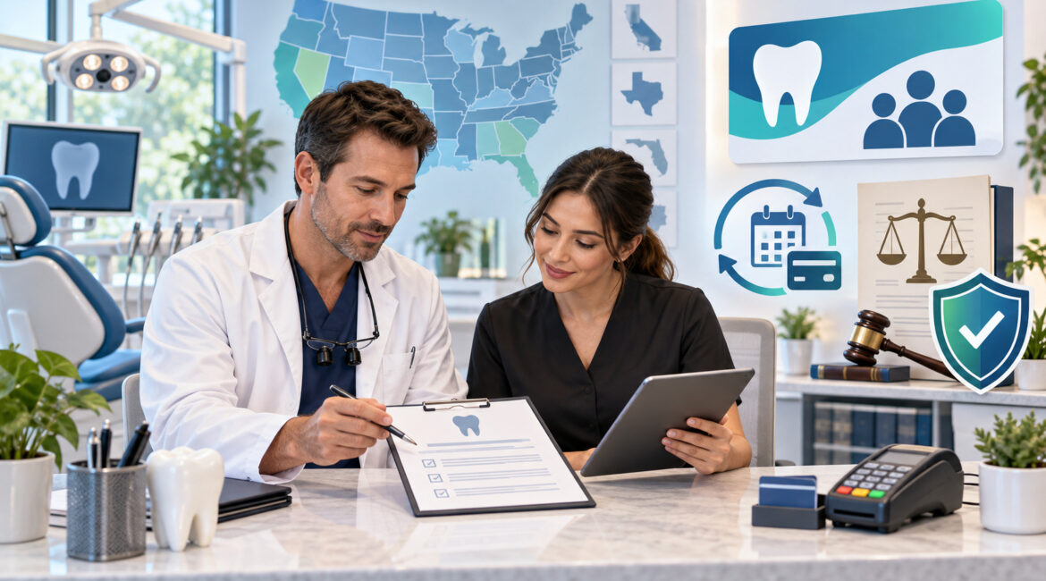 Dental membership plan state compliance and billing setup illustration