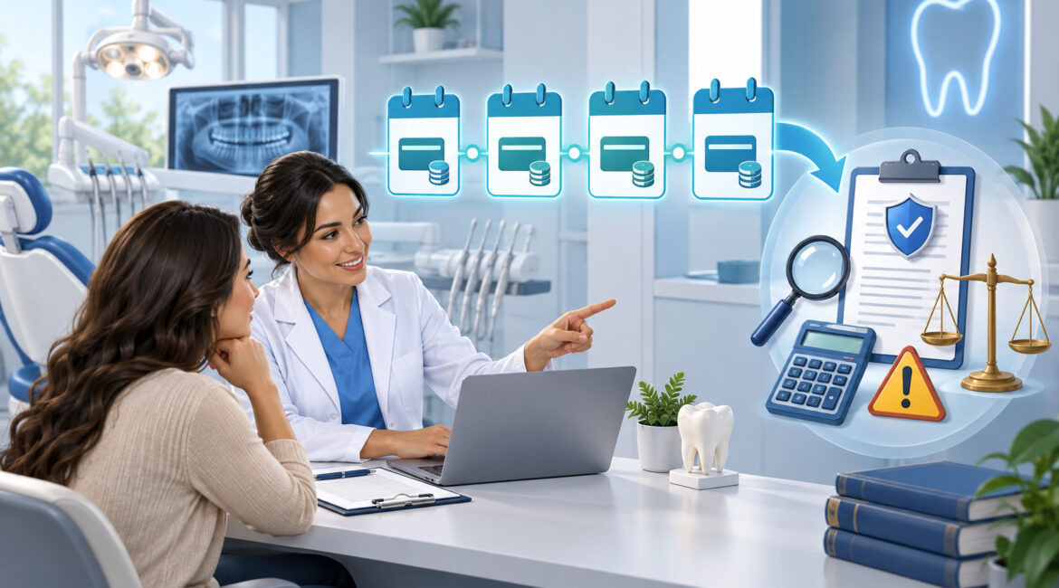 Dental payment plan with four installments and compliance review icons